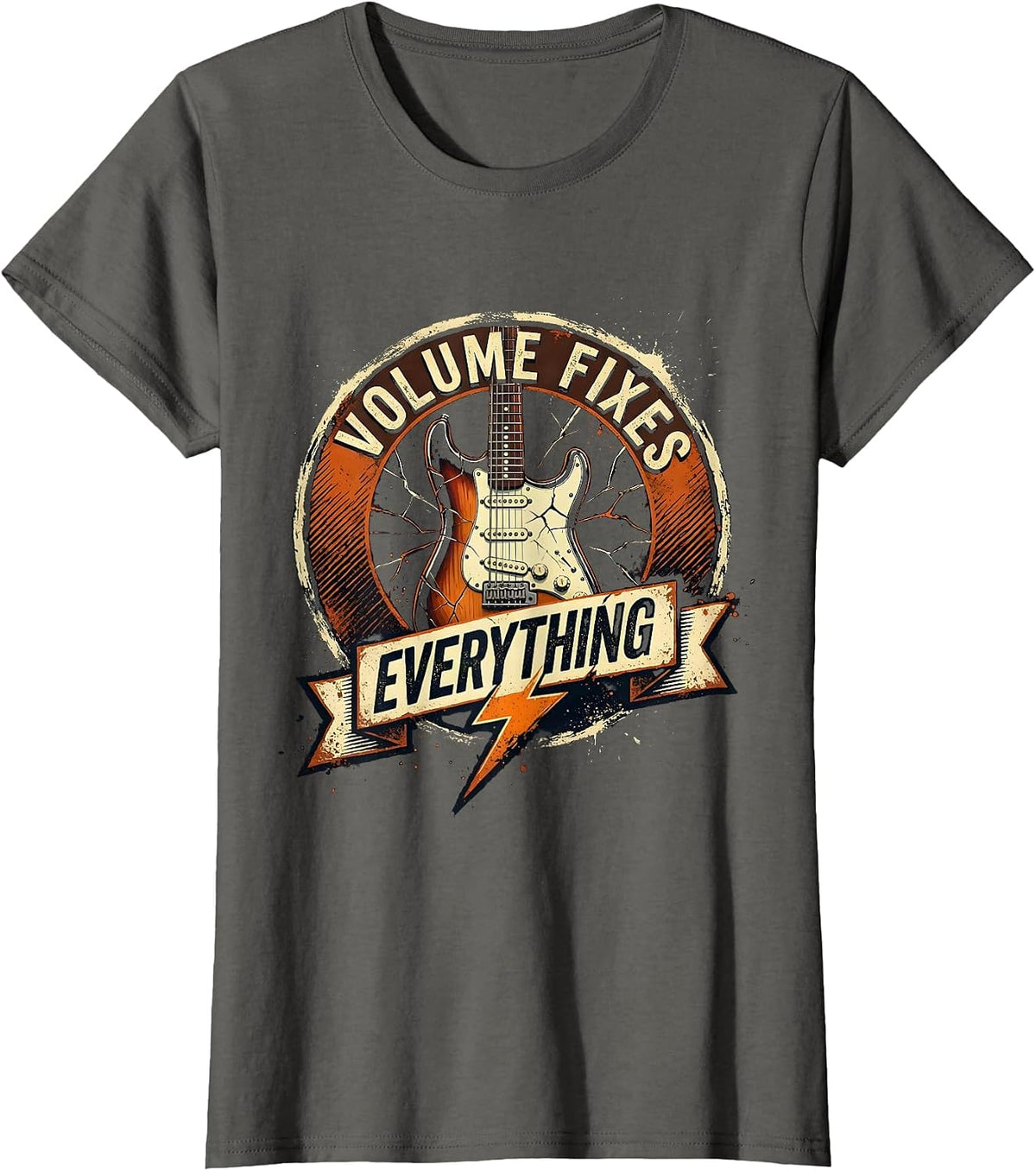 Women's Volume Fixes Everything 80s Rock Band Design T-Shirt - Asphalt Grey