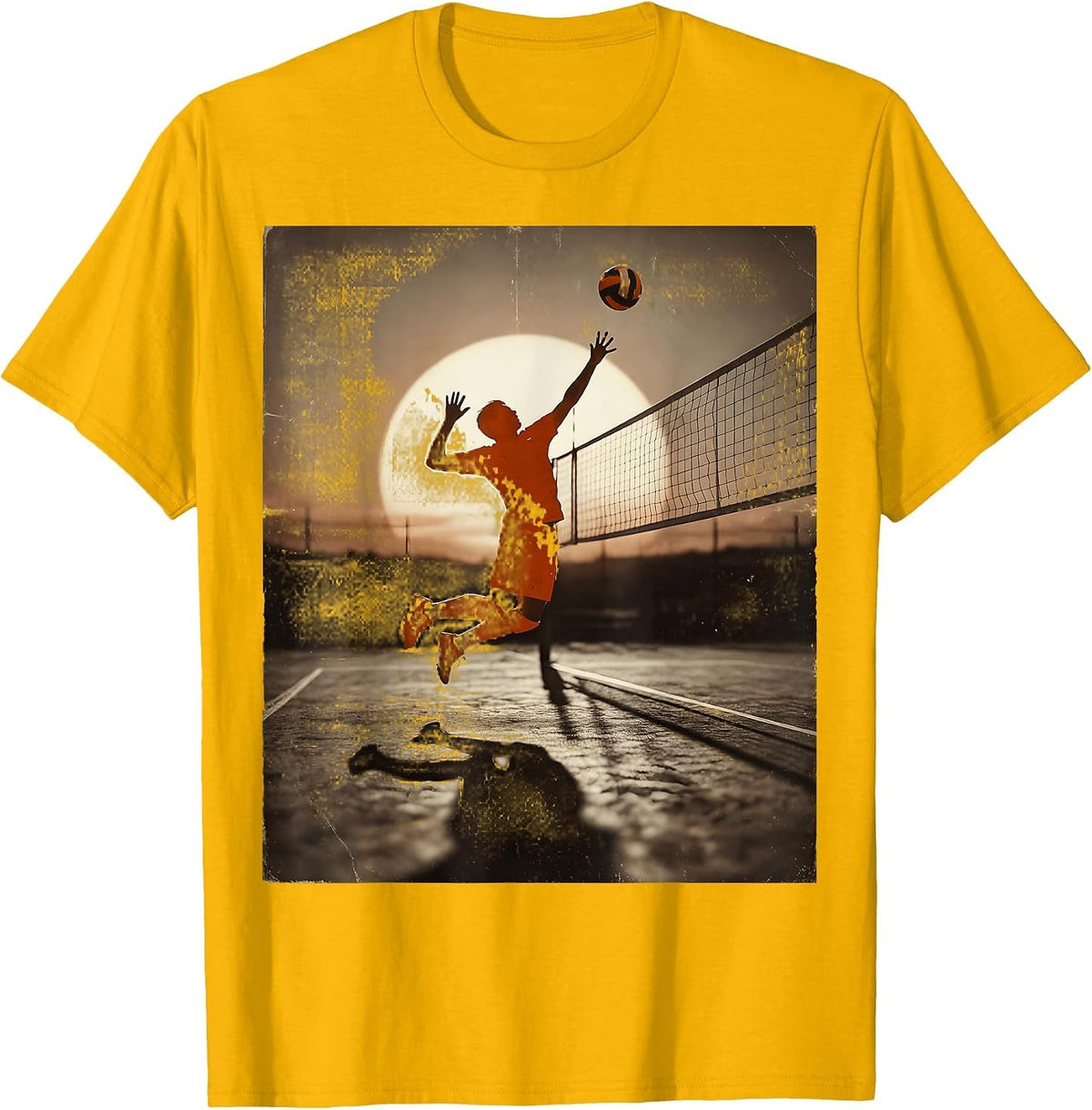 Volleyball Sunset Shadow Court Silhouette T-Shirt - Golden Yellow