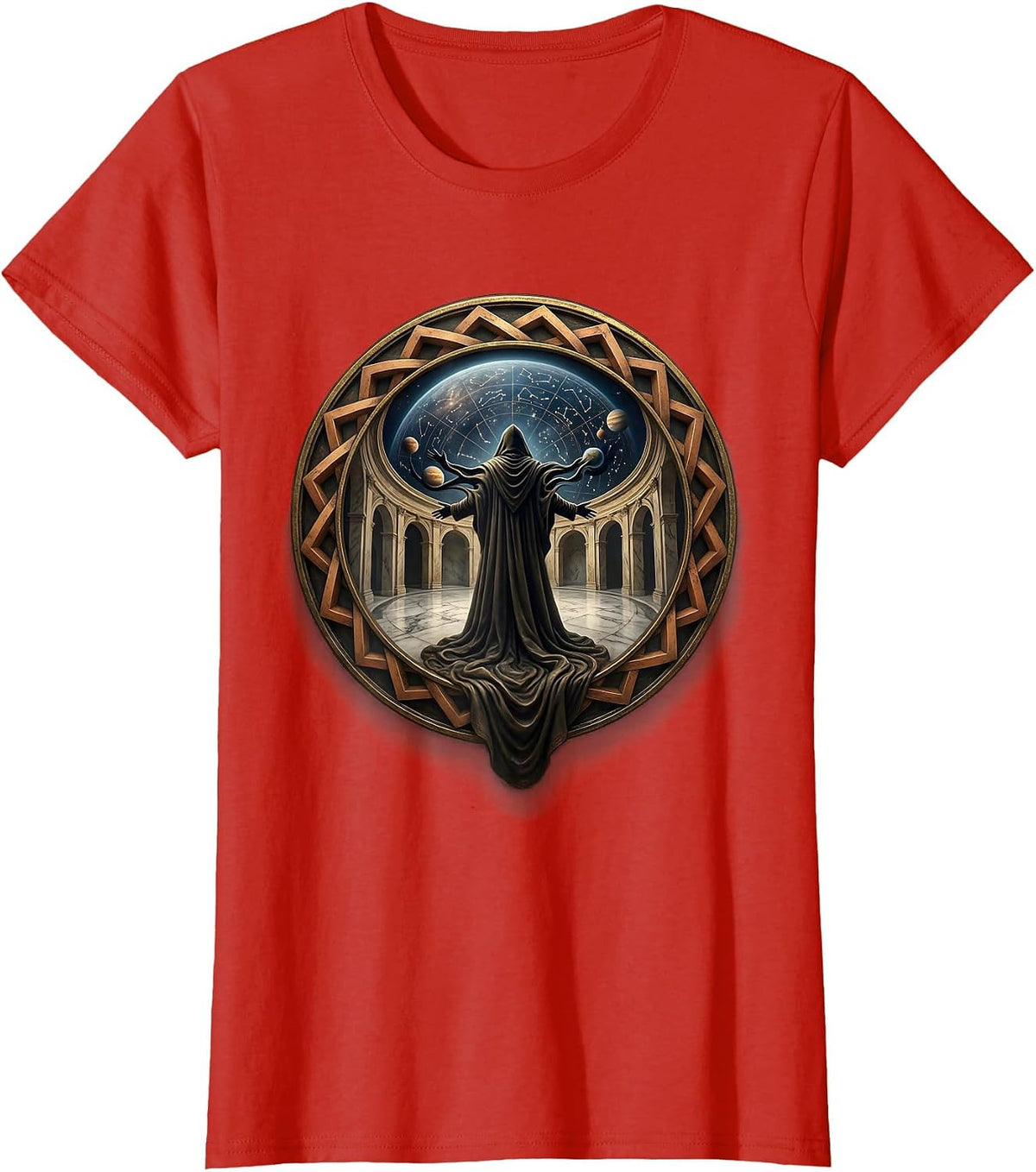 Renaissance Stargazer Robed Figure Celestial Dome T-Shirt - Red