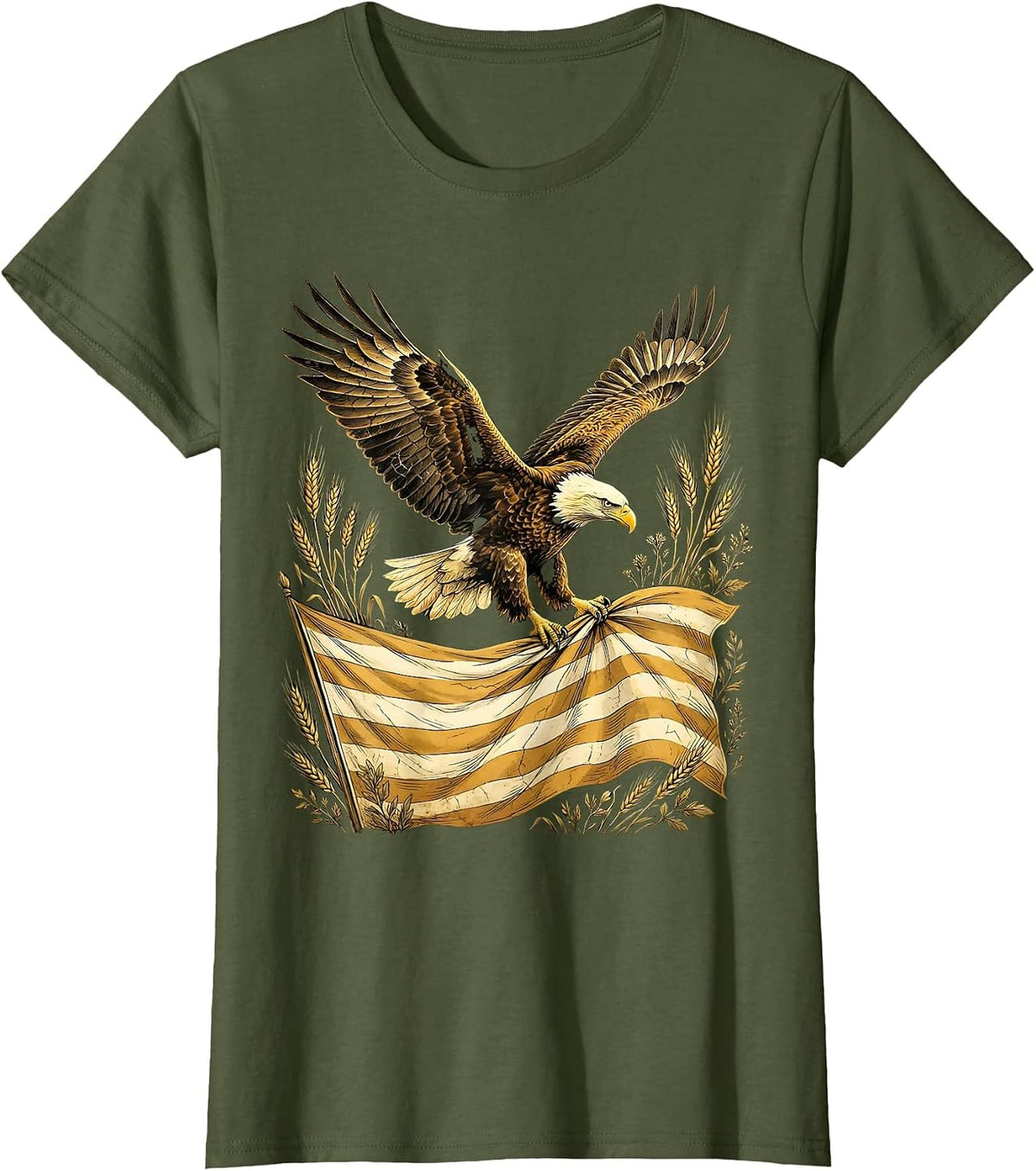 Women's Bald Eagle in Flight Over Waving Flag Illustration T-Shirt - Olive Green