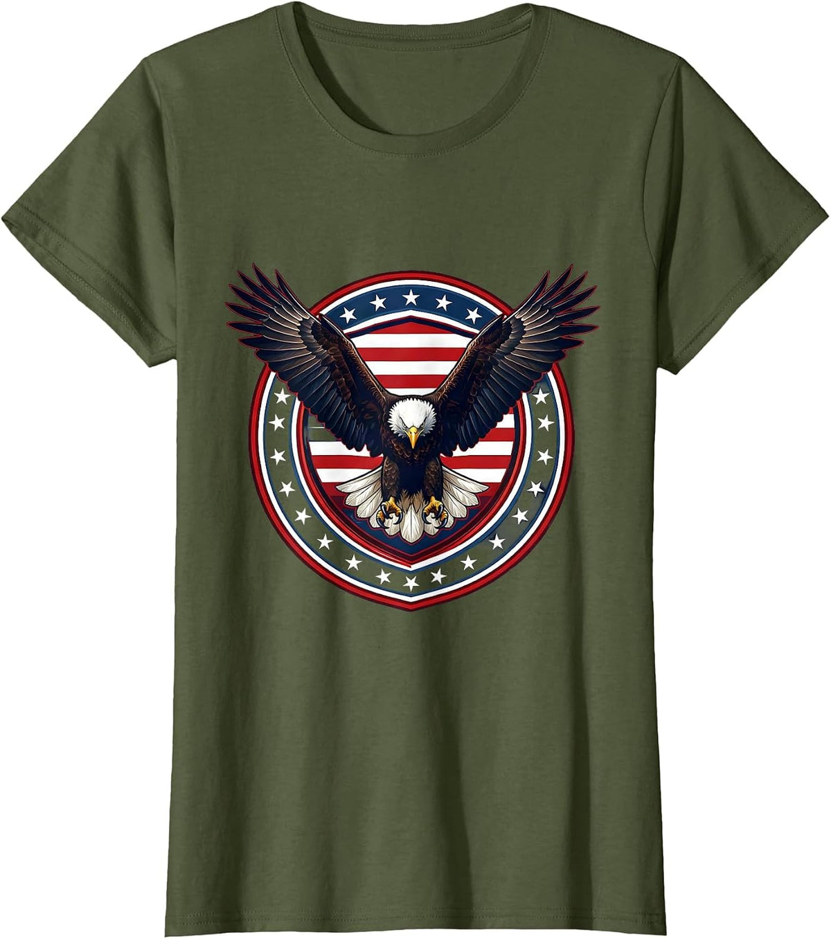 Women's Bald Eagle Landing Wings Spread Freedom Design T-Shirt - Olive Green