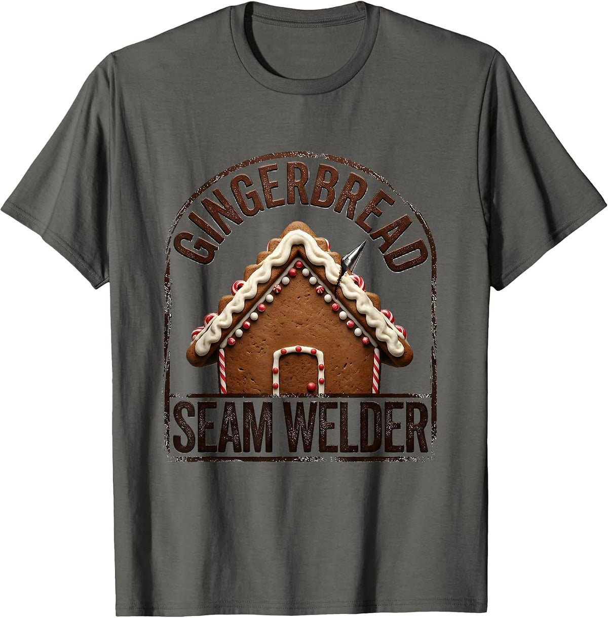 Gingerbread Seam Welder Funny Gingerbread House Decorating T-Shirt - Asphalt Grey