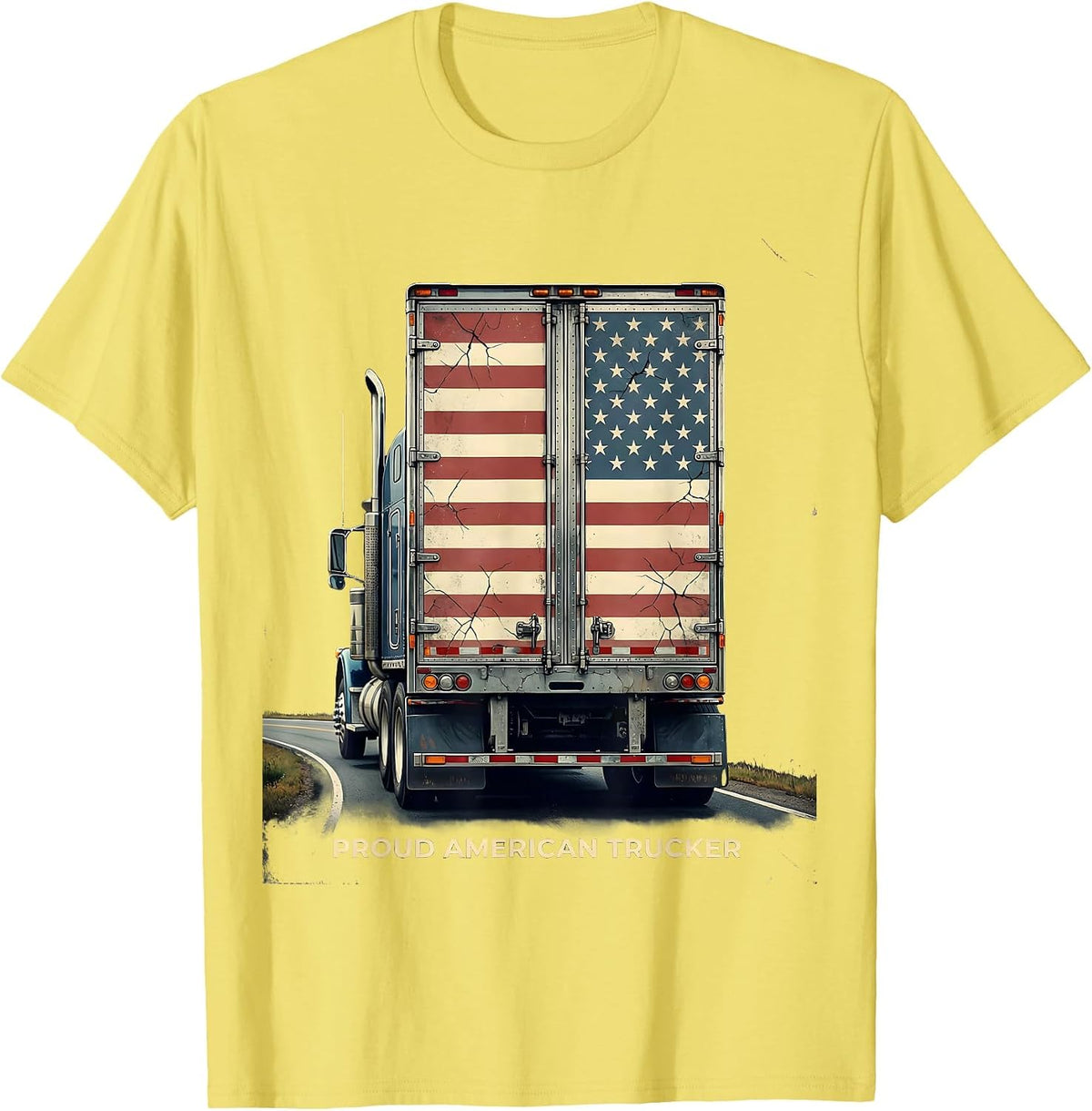 Men's Proud American Trucker Distressed Semi Trailer Trucker Gift T-Shirt - Lemon Yellow