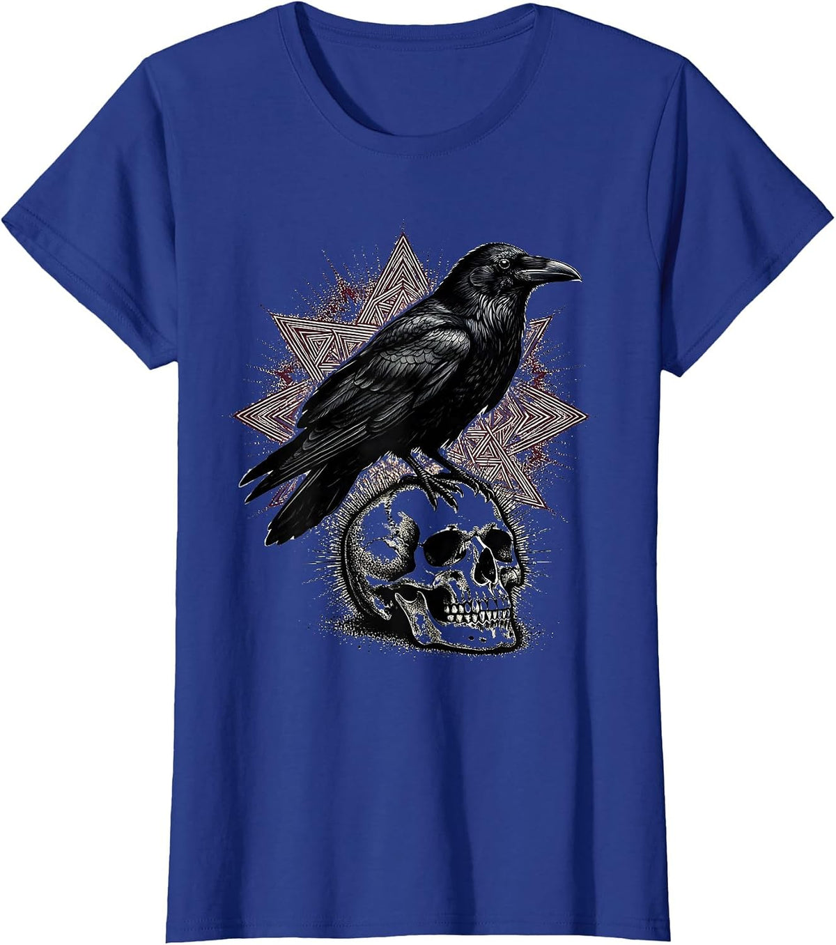 Women's Raven Perched on Mossy Skull Gothic Nature Art T-Shirt - Royal Blue