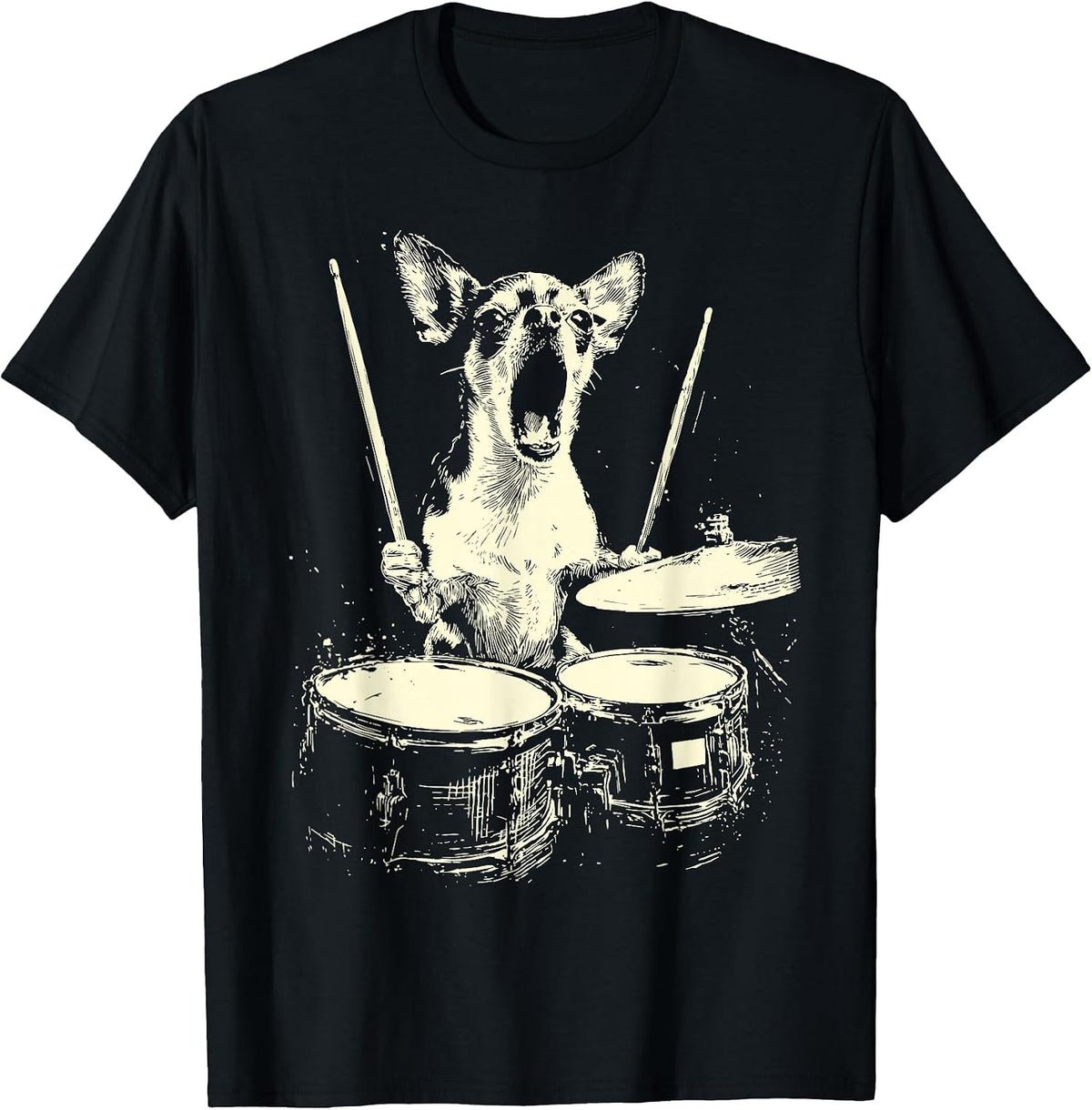 Cute Chihuahua Playing Drums Funny Music Dog Drummer Graphic T-Shirt - Black