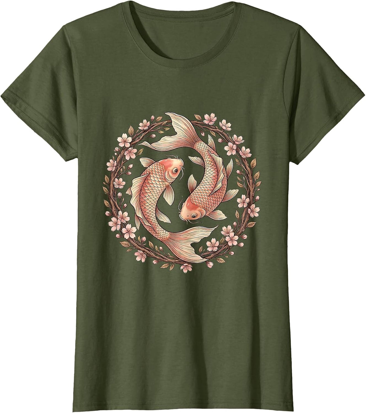 Women's Koi Fish Pink Cherry Blossom Cancer Awareness T-Shirt - Olive Green