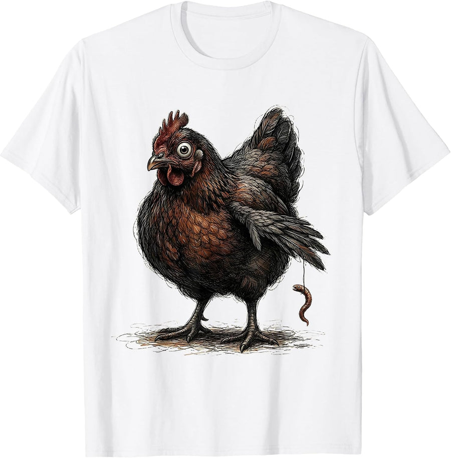 Men's Chicken With Worm Funny Chicken Lover Novelty Gift T-Shirt - White