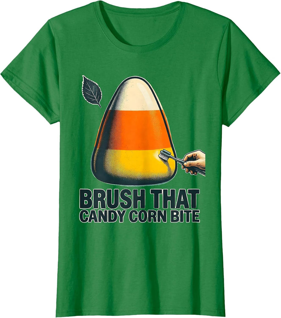 Women's Brush That Candy Corn Bite Funny Dental Hygienist Halloween T-Shirt - Kelly Green