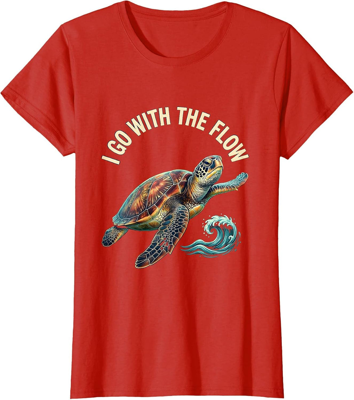 Women's I Go With The Flow Illustration Sea Turtle Lover Tropical T-Shirt - Red