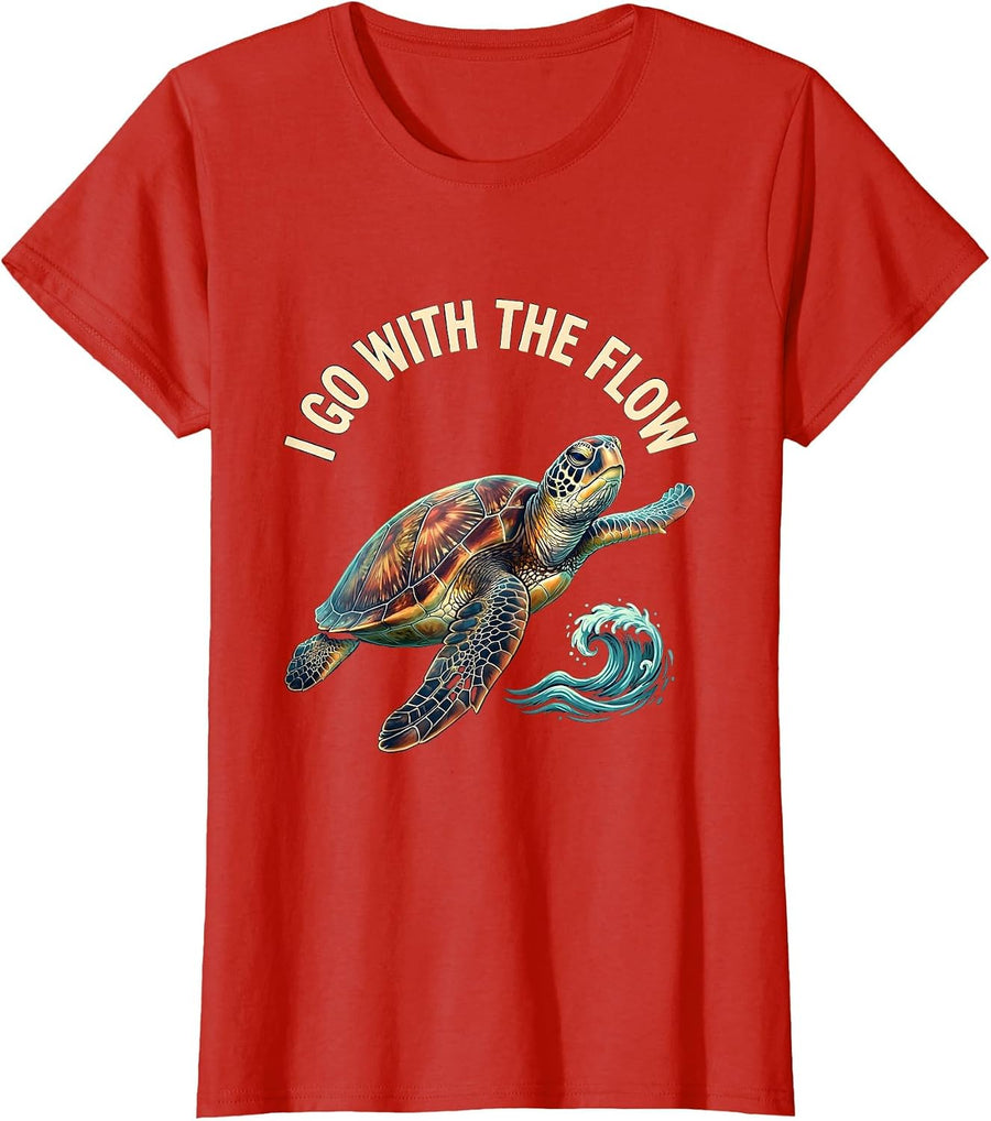 Women's I Go With The Flow Illustration Sea Turtle Lover Tropical T-Shirt - Red