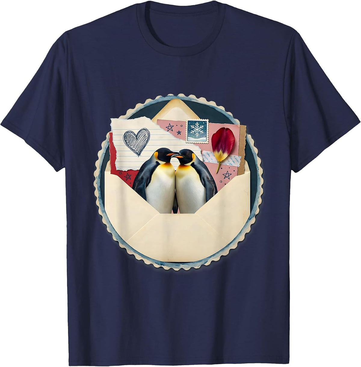 Penguin Love Couple Huddled in Snow Illustration T-Shirt - Navy Blue
