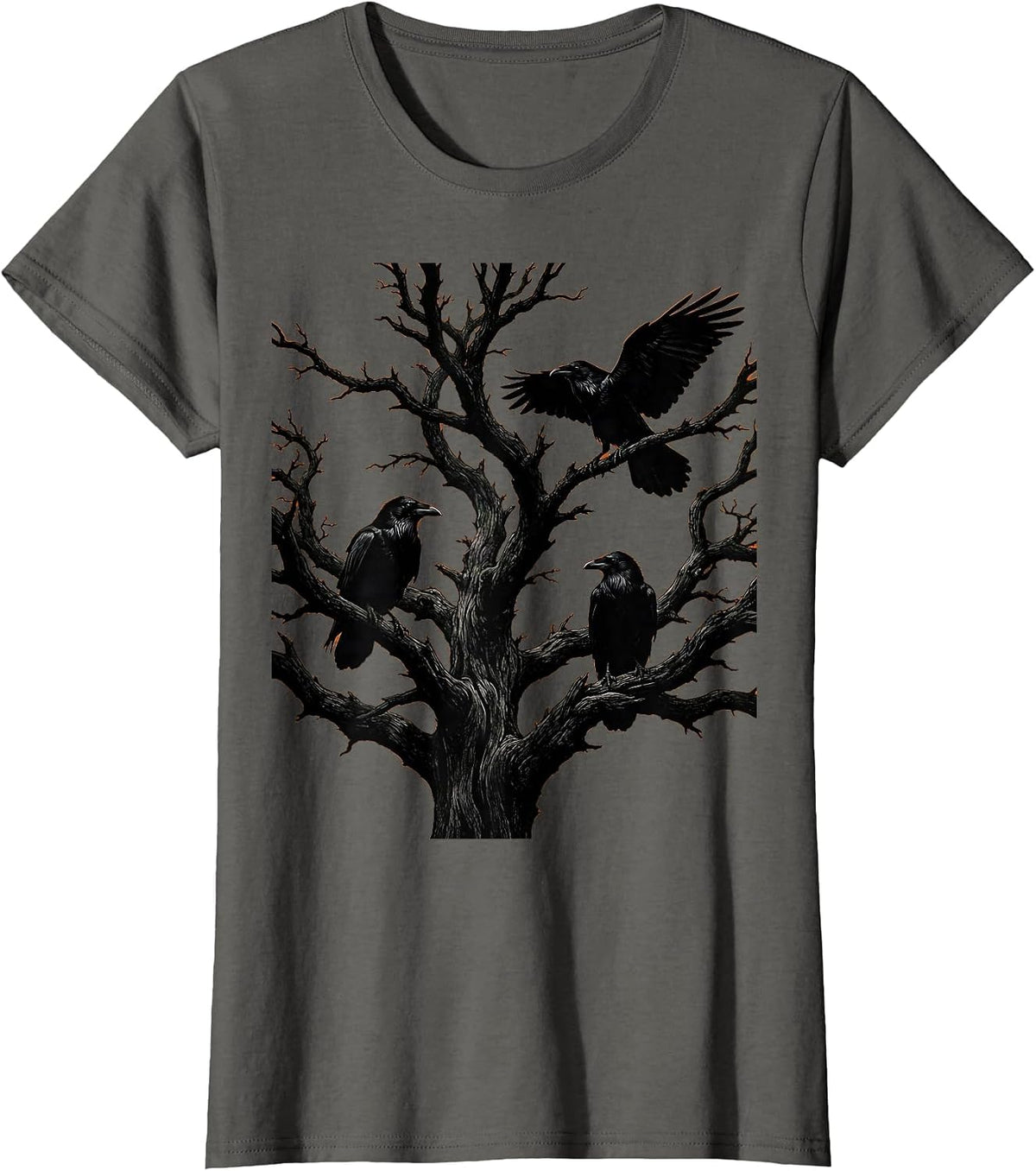 Women's Boys Halloween Ravens on Twisted Dead Tree T-Shirt - Asphalt Grey