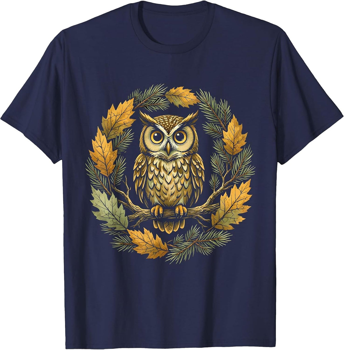Owl on Branch Foggy Forest Cozy Season Design T-Shirt - Navy Blue