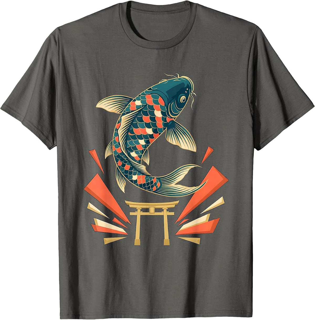 Giant Koi Fish Leaping Over Torii Gate Anime Art T-Shirt - Asphalt Grey