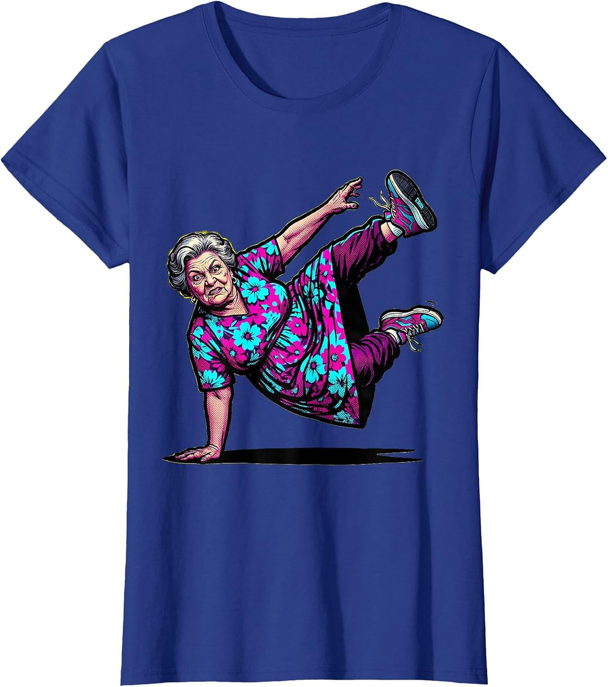 Women's Dance Grandma Hip-Hop Freeze Move Illustration T-Shirt - Royal Blue