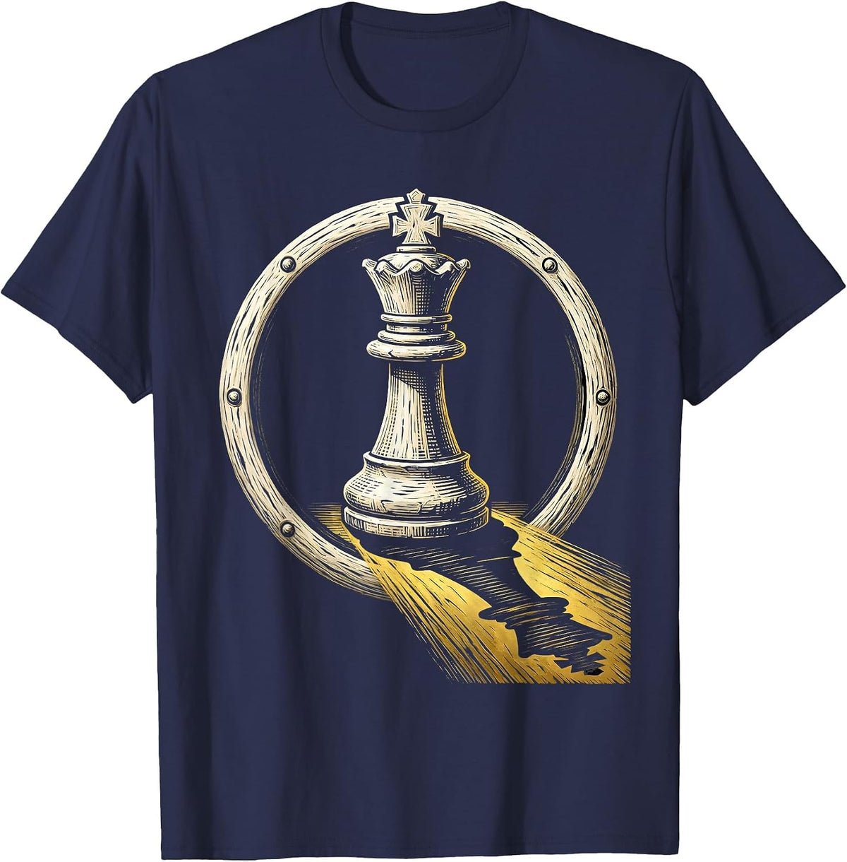 Black Chess King Piece Gold Shadow Design T-Shirt - Navy Blue