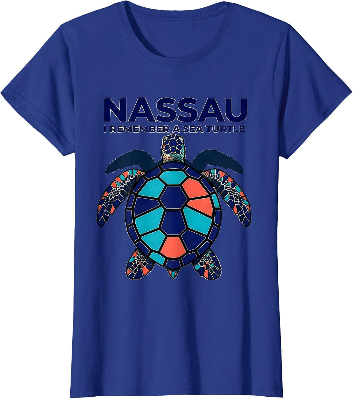 Women's NASSAU I REMEMBER A SEA TURTLE Stained Glass Mosaic Sea T-Shirt - Royal Blue