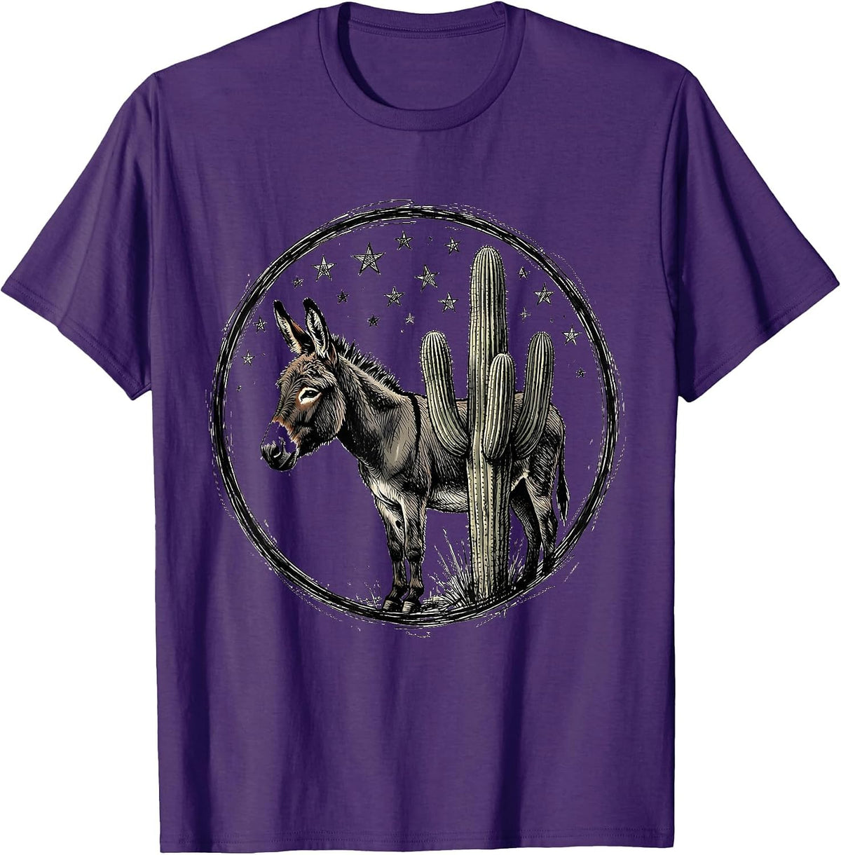 Donkey and Cactus Starry Night Desert Scene T-Shirt - Purple