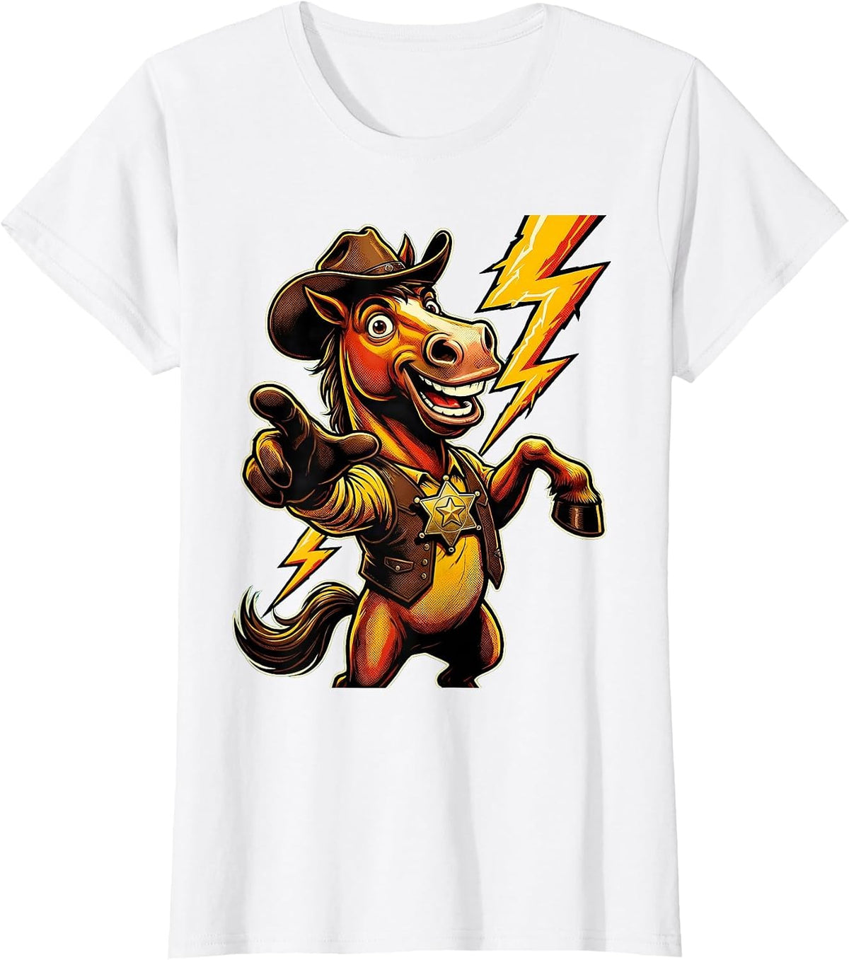Rearing Horse Lightning Strike Cowboy Design T-Shirt - White