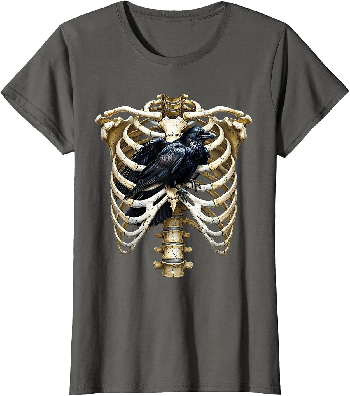 Women's Raven in Skeleton Ribcage Dark Gothic Art T-Shirt - Asphalt Grey