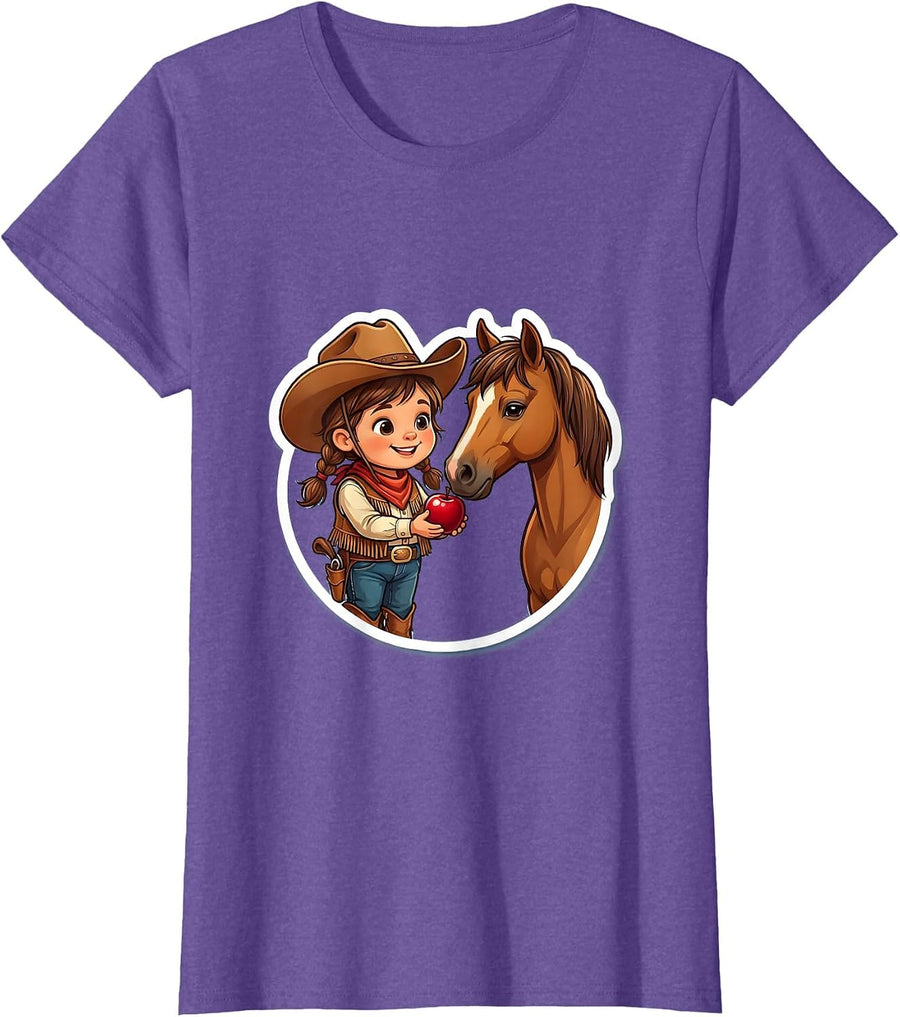 Young Cowgirl Feeding Apple to Horse Graphic T-Shirt - Purple Heather