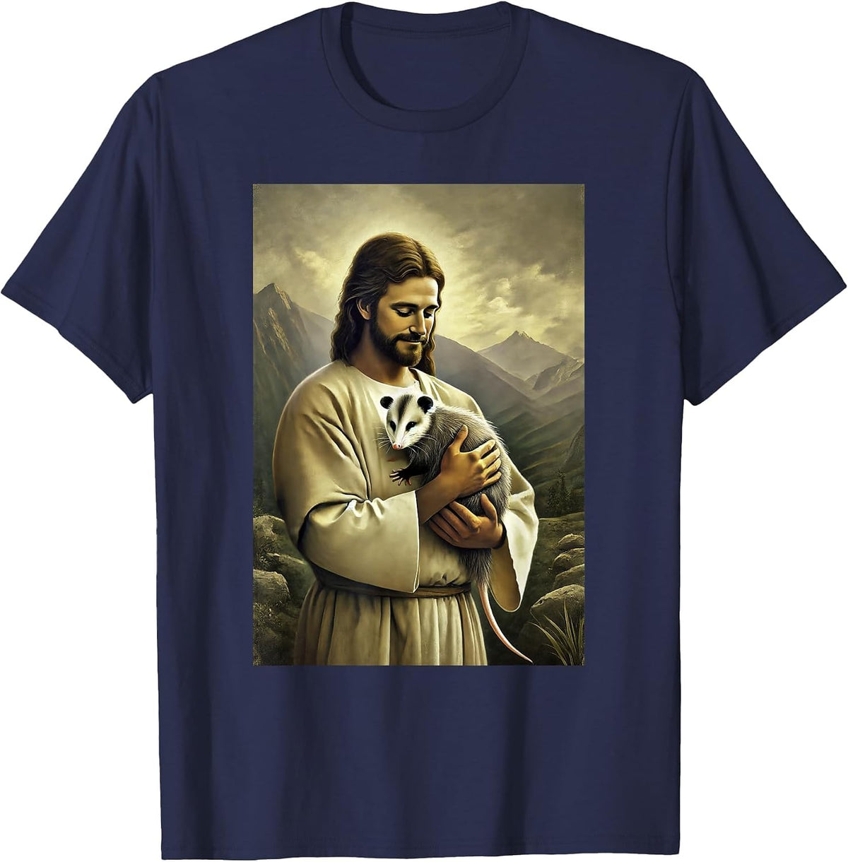 Funny Jesus Holding Opossum in His Arms Hilarious Possum T-Shirt - Navy Blue