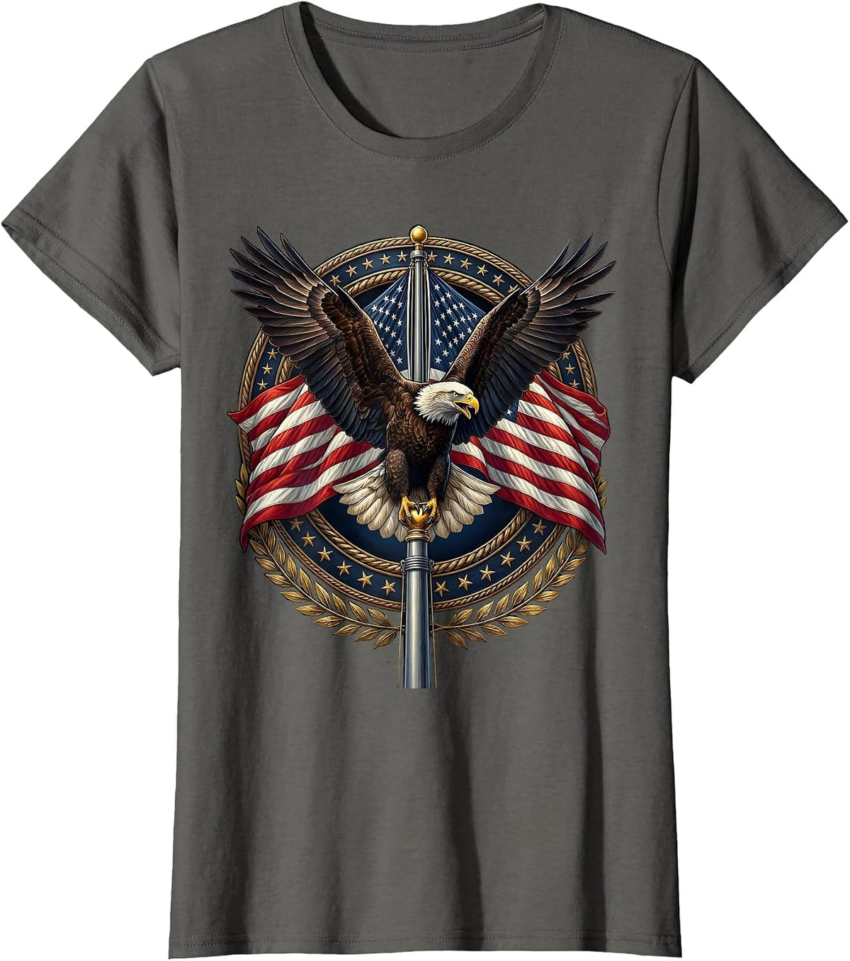 Women's Bald Eagle American Flag Pole Patriotic Design T-Shirt - Asphalt Grey