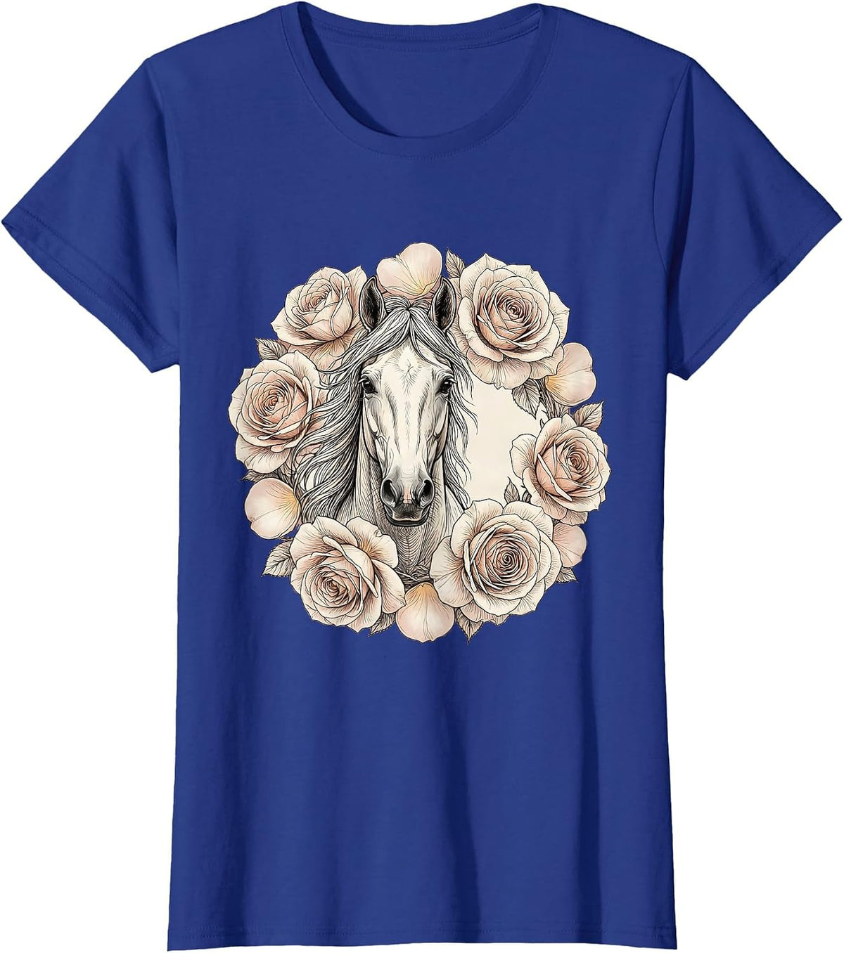 Women's Floral Derby Horse Portrait Blooming Roses T-Shirt - Royal Blue