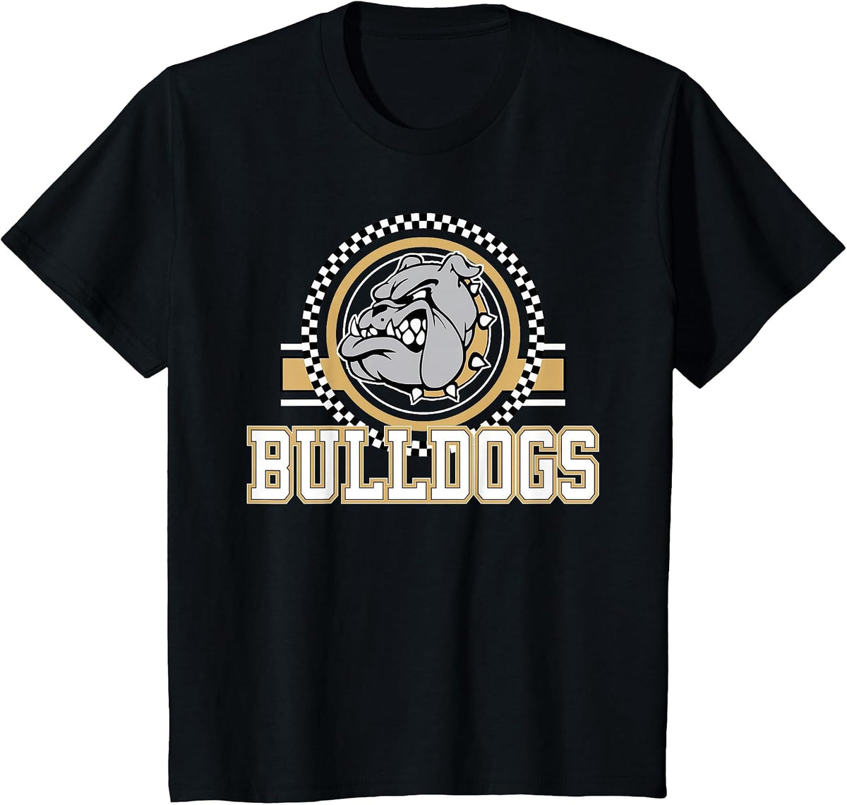 Bulldogs Checkered Print Logo Gold Bulldog Mascot School T-Shirt - Black