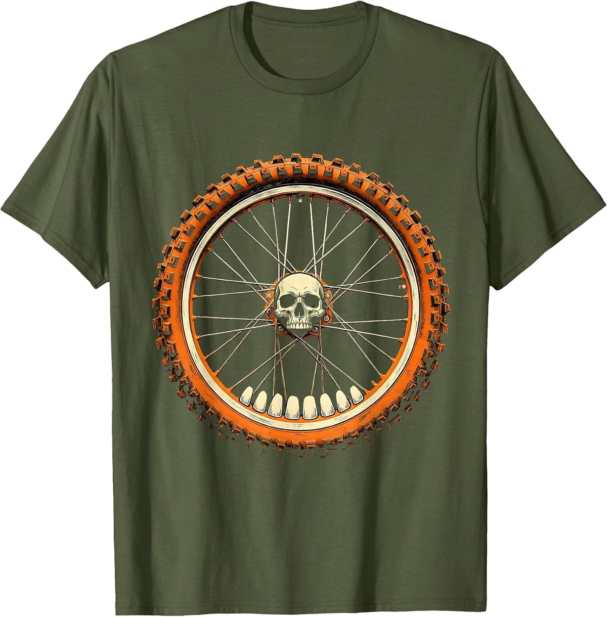 Dirt Bike Skull Wheel Graphic Tee T-Shirt - Olive Green