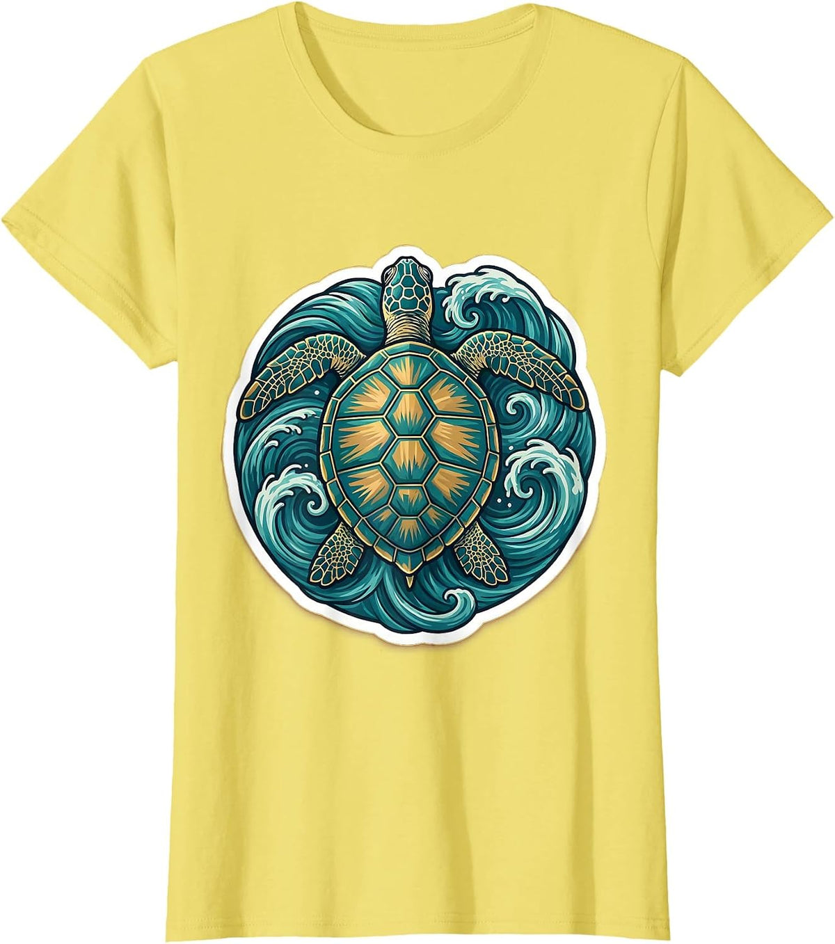 Women's Sea Turtle Ocean Waves Illustration T-Shirt - Lemon Yellow