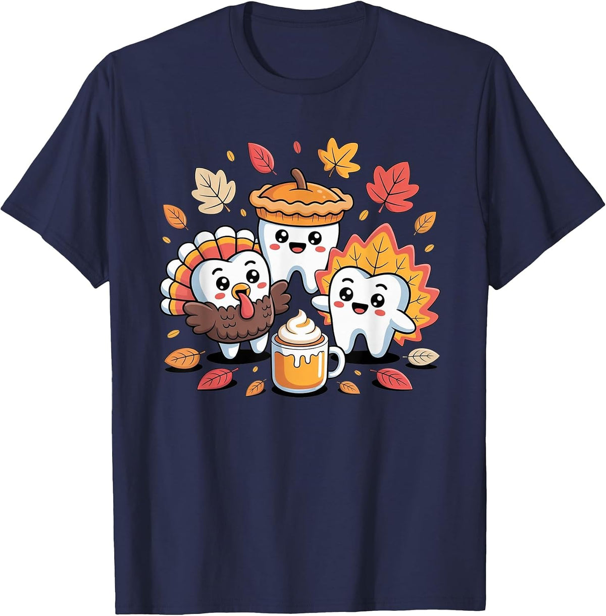 Teeth Pumpkin Turkey Coffee Fall Dental Squad Thanksgiving T-Shirt - Navy Blue