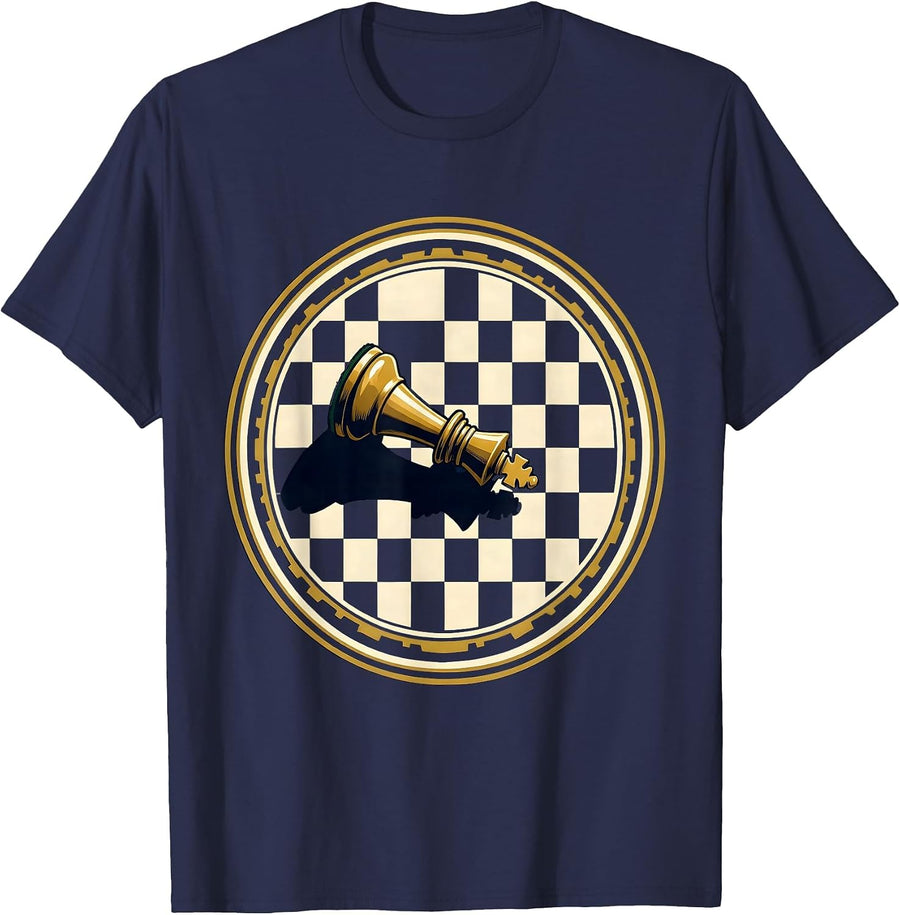 Tipped Chess King Fallen Piece Graphic Design T-Shirt - Navy Blue