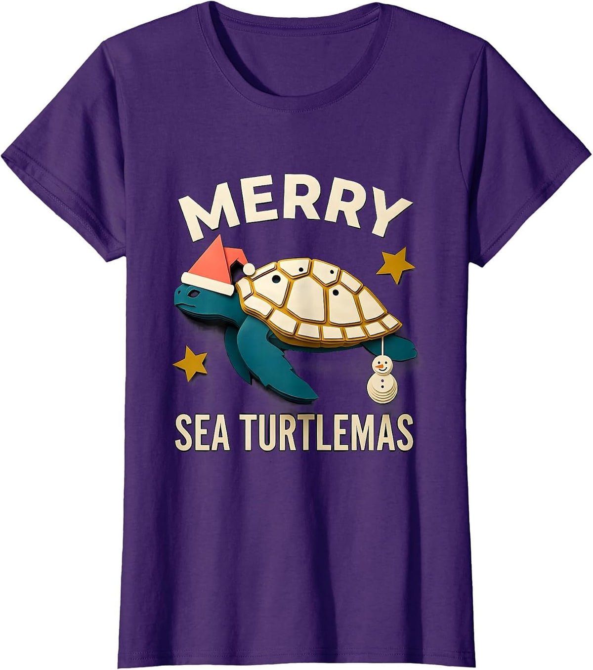 Women's Merry Sea Turtlemas Paper Cutout Whimsical Sea Turtle Lover T-Shirt - Purple