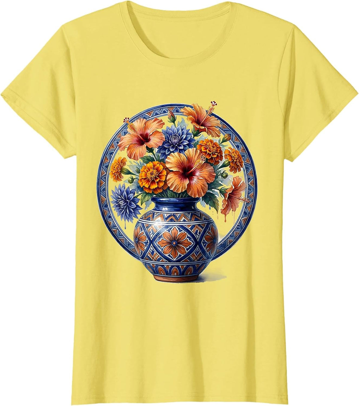 Ornate Talavera Vase with Flowers Mexican Art T-Shirt - Lemon Yellow