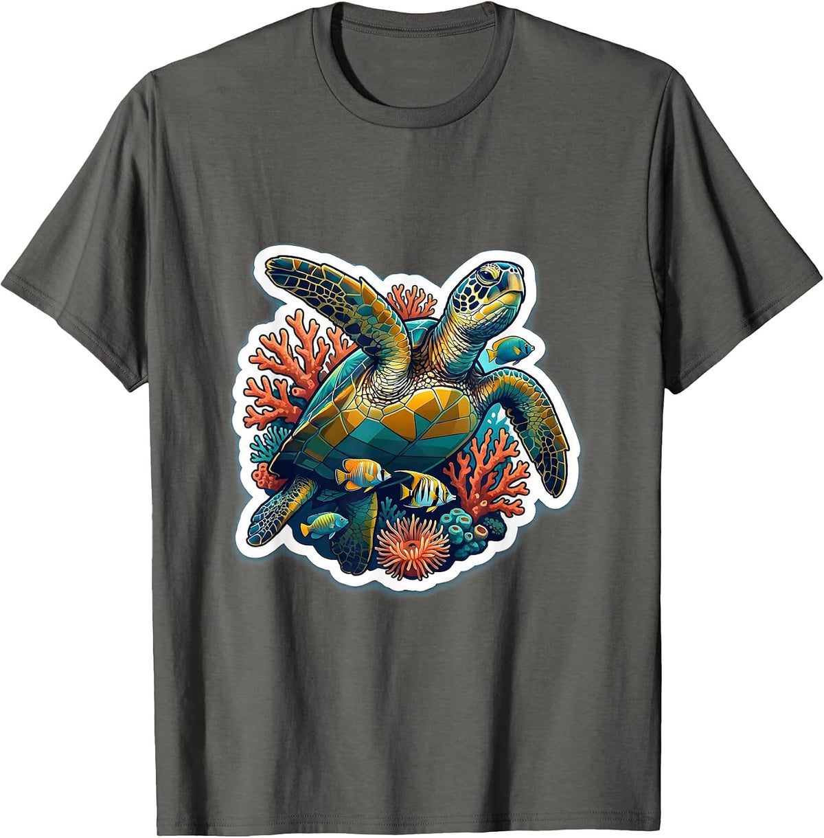 Men's Sea Turtle Coral Reef Aloha Ocean Art T-Shirt - Asphalt Grey
