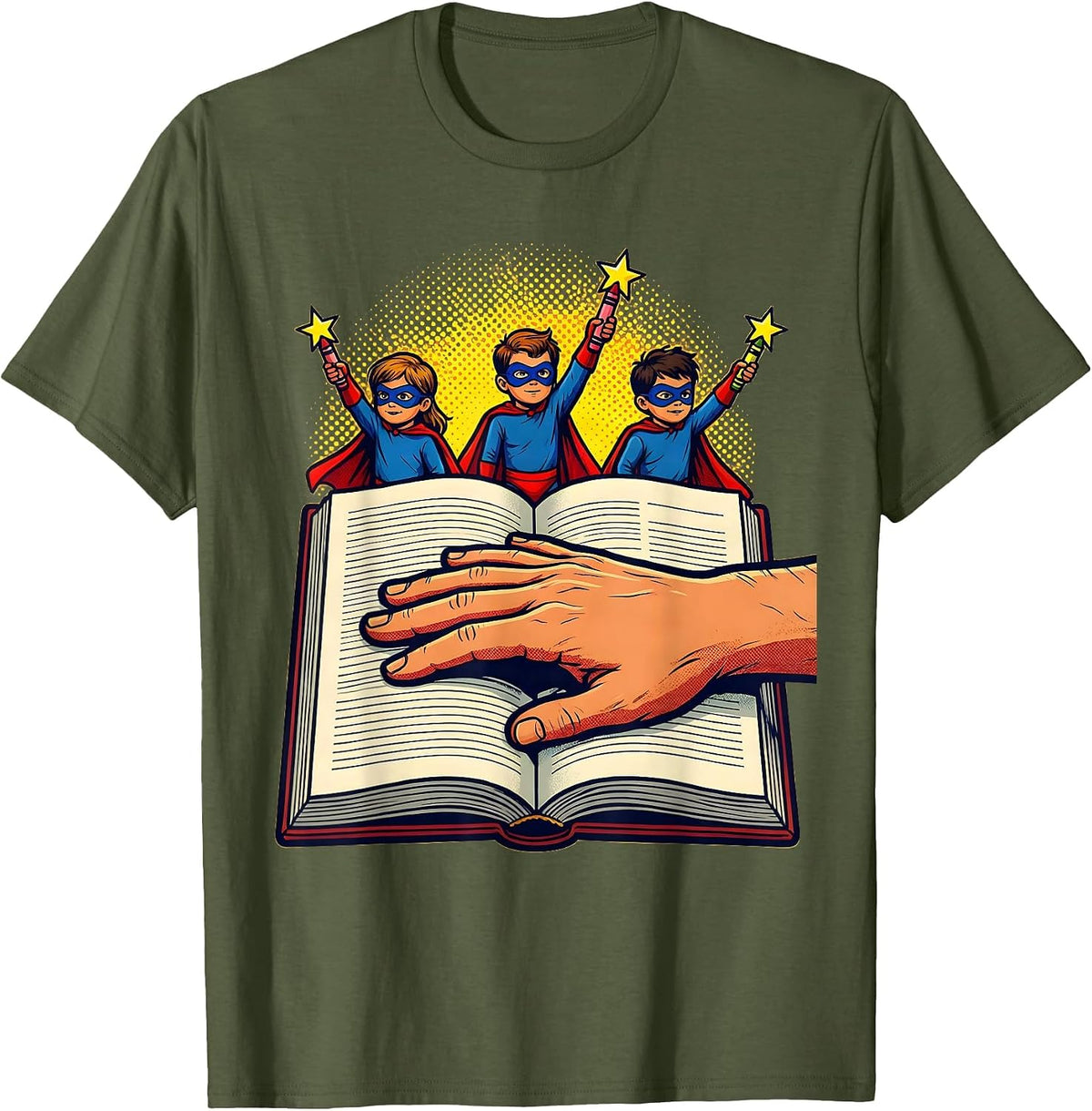 Teacher Superhero Preschool Kids Pop Art T-Shirt - Olive Green