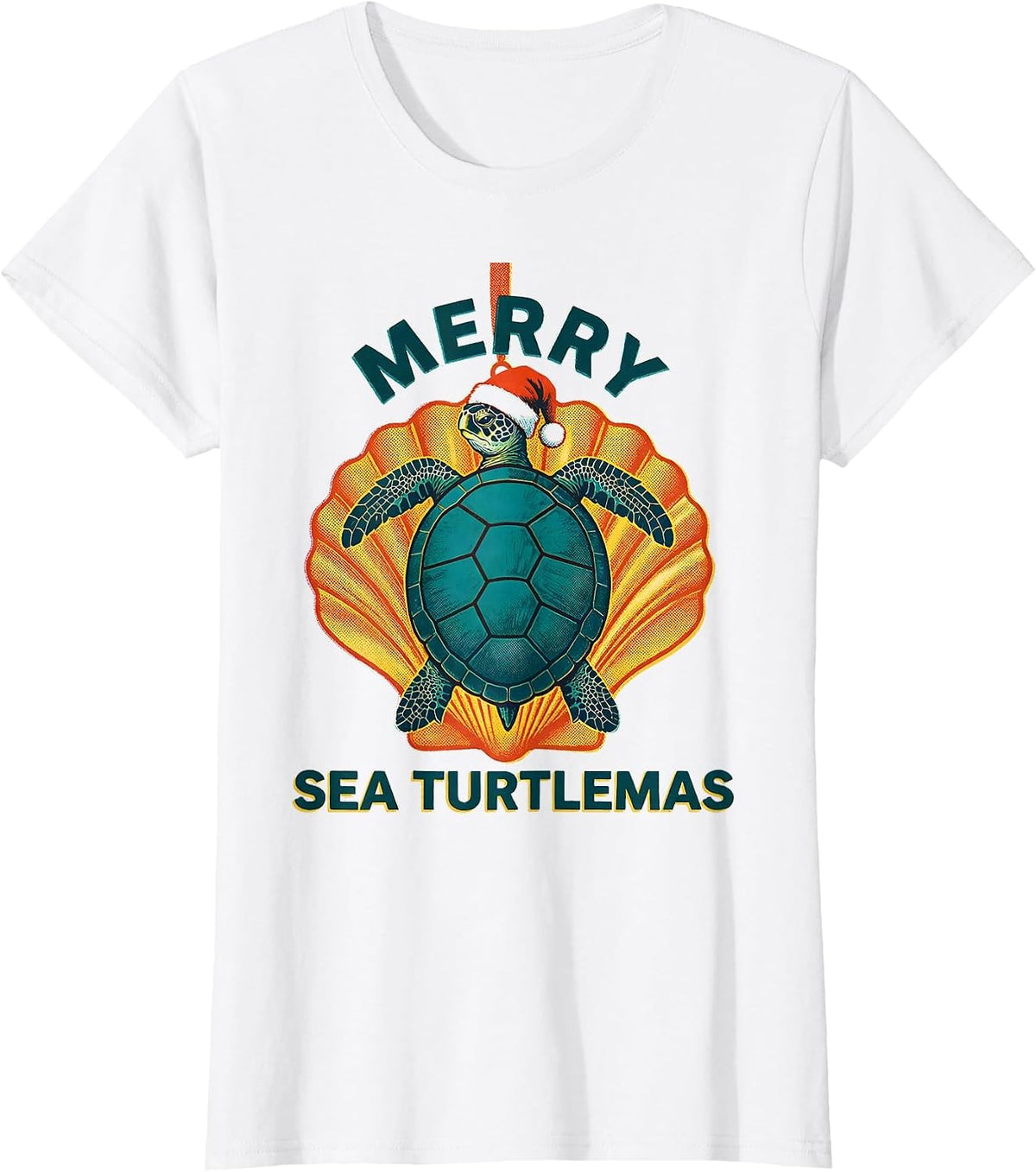 Women's Merry Sea Turtlemas Risograph Sea Turtle Lover Christmas T-Shirt - White