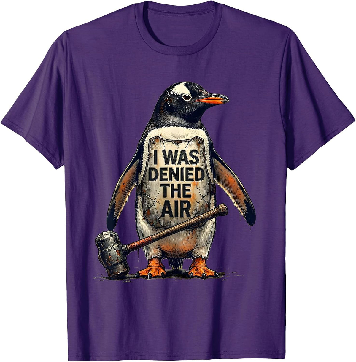 Men's I Was Denied The Air Distressed Penguin Funny Bird Meme T-Shirt - Purple