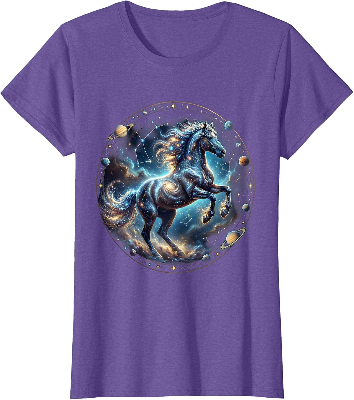 Women's Wild Horse Galloping Through Tall Grass Illustration T-Shirt - Purple Heather
