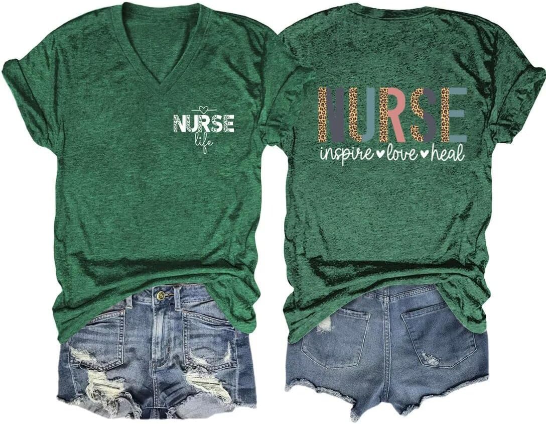 Womens Nurse V-Neck Shirts Nurse Inspire Love Heal V-Neck Nurse Shirt School Nursing Cute Nurse Tees - Z1-dark Green