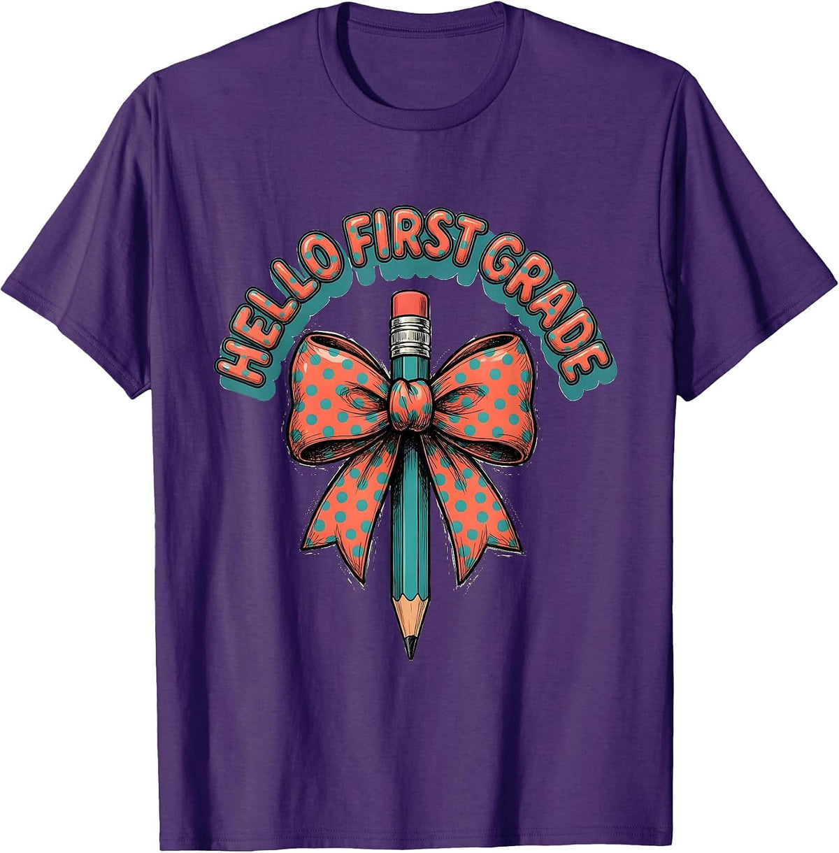 Men's Hello First Grade Cute Back to School Pencil Bow Gift T-Shirt - Purple