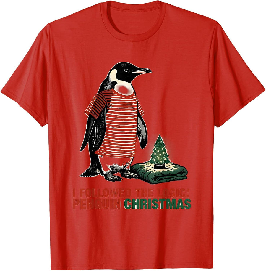 Men's I Followed The Logic: Penguin Christmas Funny Penguin Lover T-Shirt - Red