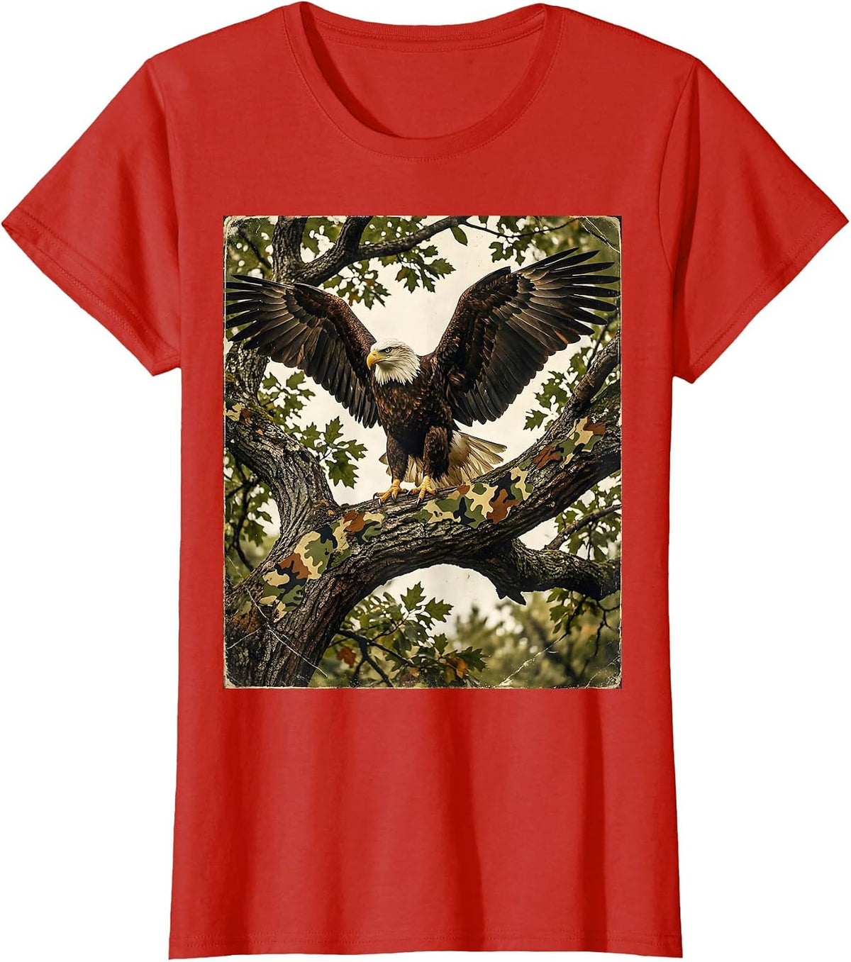 Eagle on Camo Branch Wildlife Graphic T-Shirt - Red