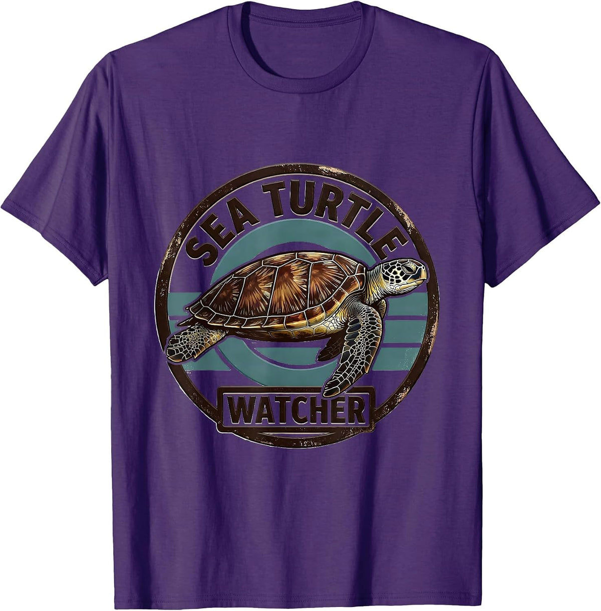 Men's Sea Turtle Watcher Wood Type Letterpress Animal Badge Patch T-Shirt - Purple