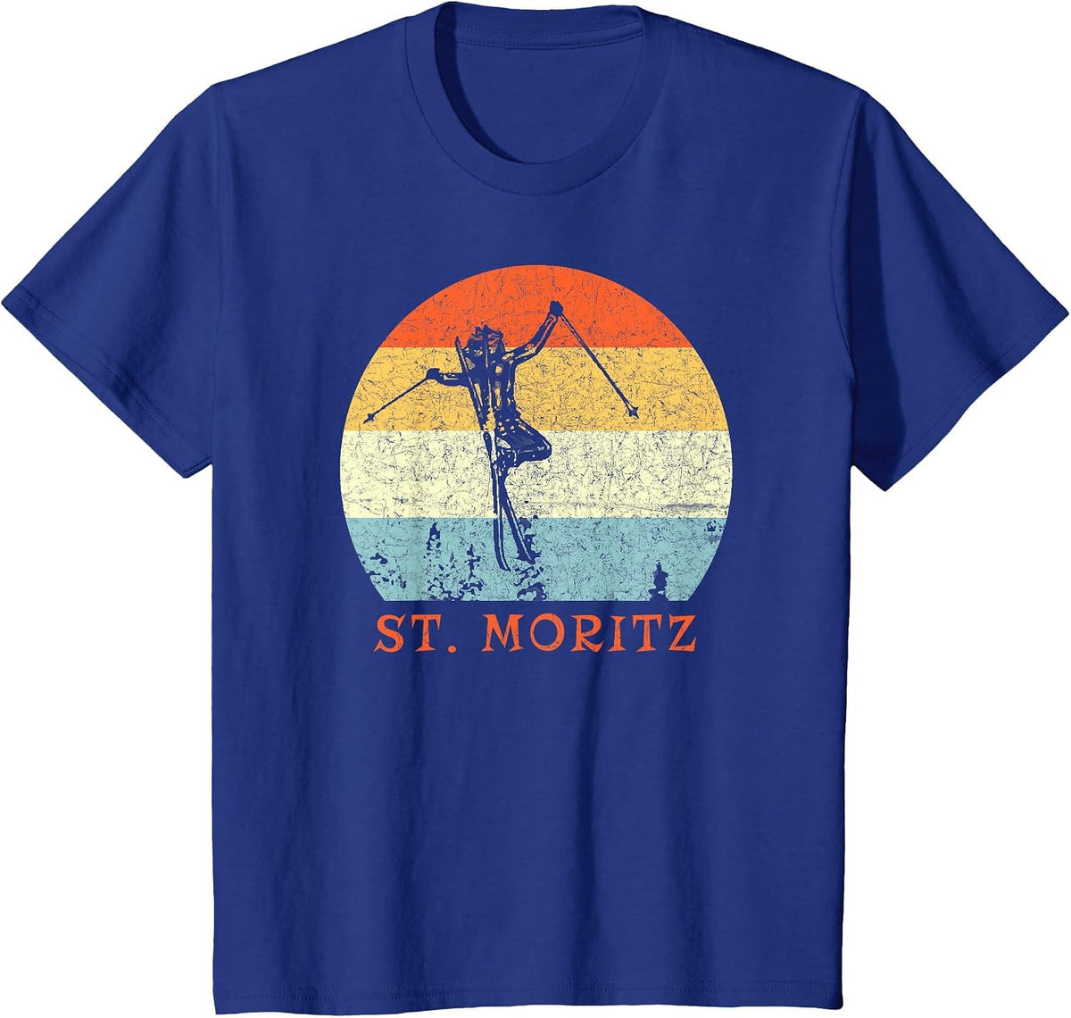 Ski St. Moritz, Switzerland Vintage Snow Skiing Vacation T-Shirt - Royal Blue