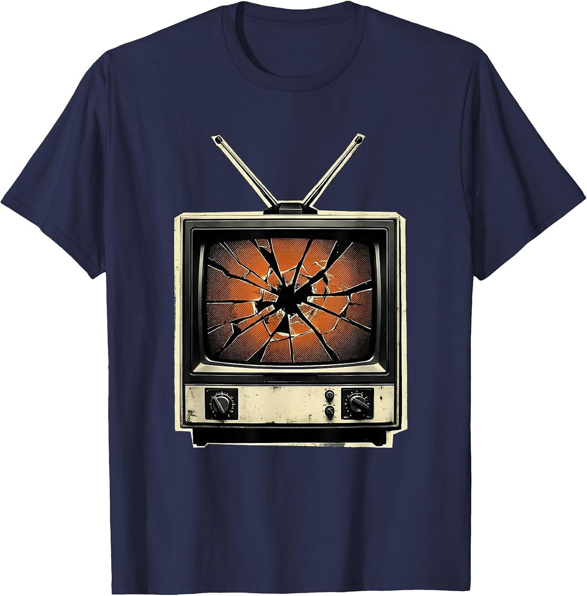 Grunge Smashed Vintage TV Static Illustration T-Shirt - Navy Blue