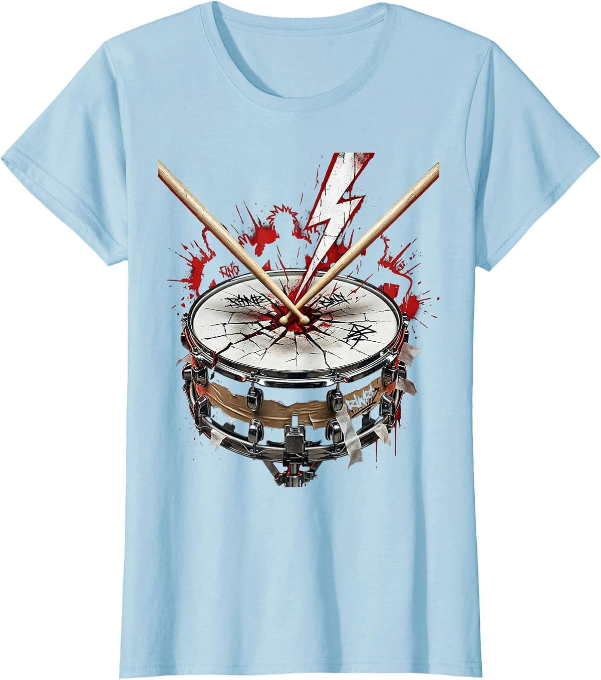 Crossed Drumsticks Cracked Snare Drum Band Graphic T-Shirt - Baby Blue