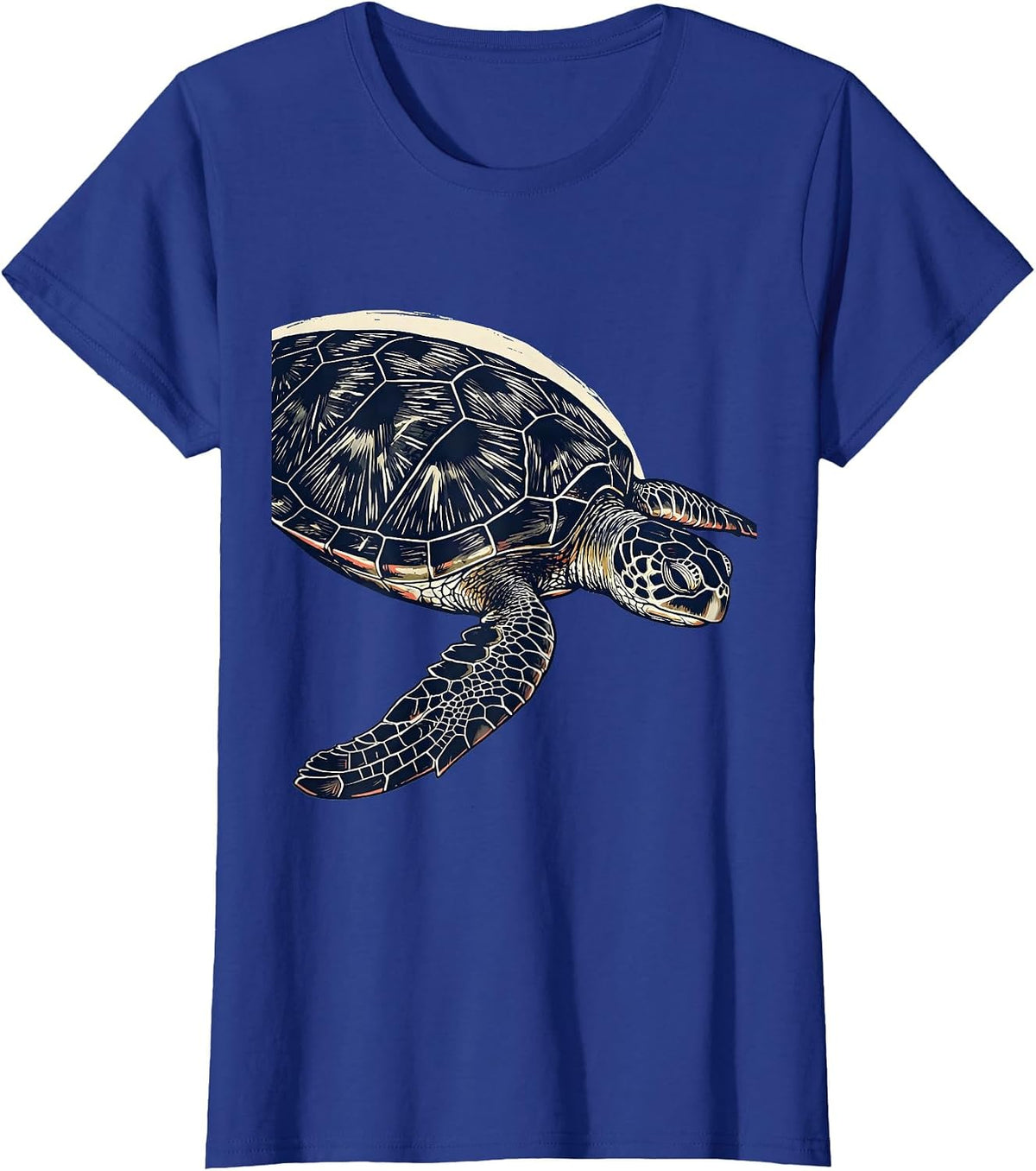 Women's Sea Turtle Linocut Ocean Animal Lover Artwork T-Shirt - Royal Blue