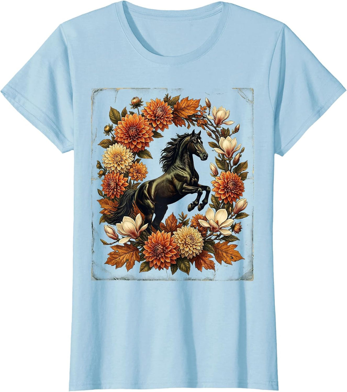 Floral Wreath Horse Silhouette Derby Design T-Shirt - Baby Blue